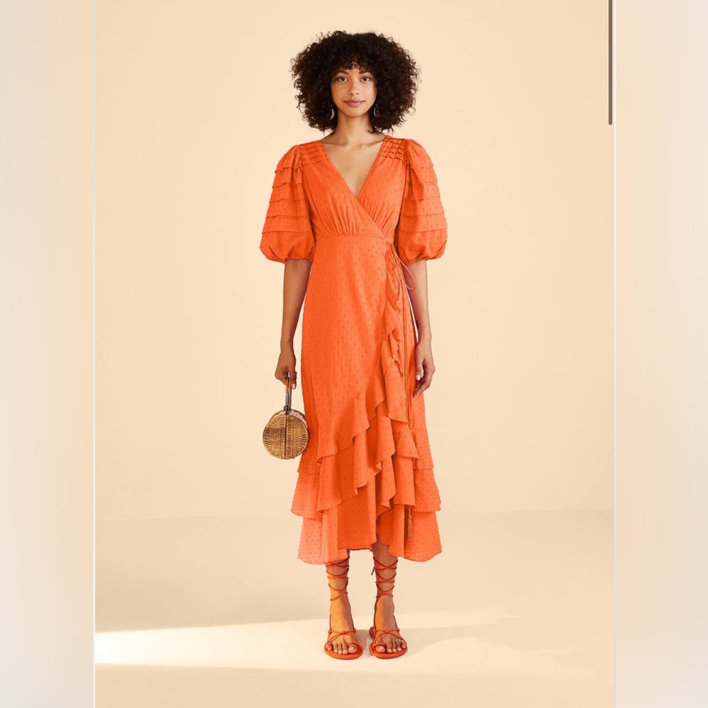NWT FARM Rio Orange Ruffles Midi Dress worn once